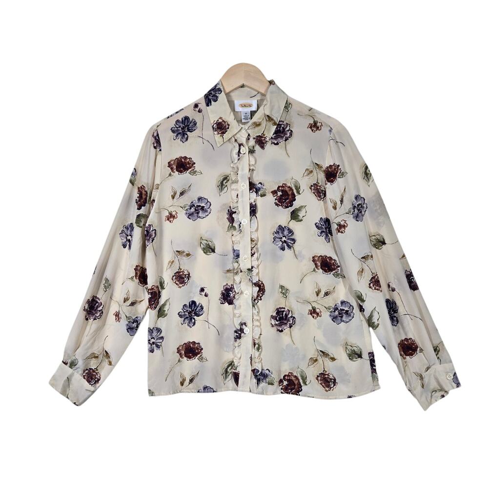 Talbots Silk Top 10 Beige Floral Ruffle Button Front Cottagecore Romantic Blouse